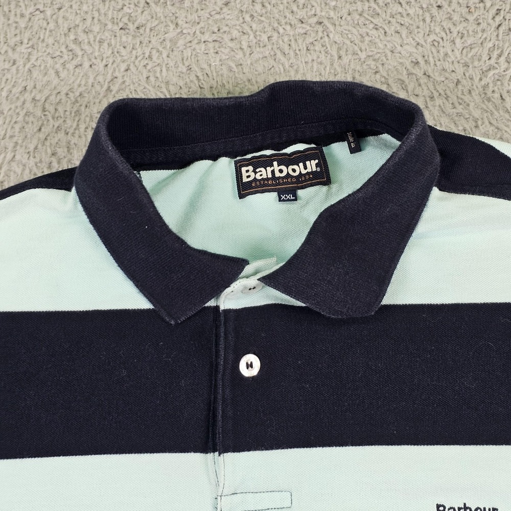 Barbour Polo Shirt Mens 2XL Blue Navy Striped Rugby 100% Cotton Short Sleeve - Picture 5 of 10